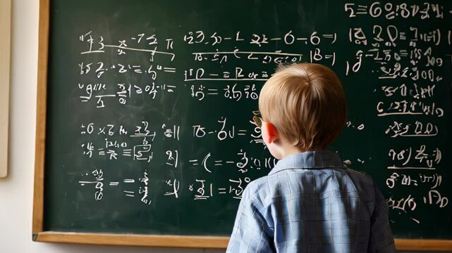 A boy is looking at a blackboard with math problems at school.