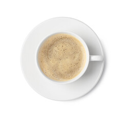 Tasty coffee in cup isolated on white, top view
