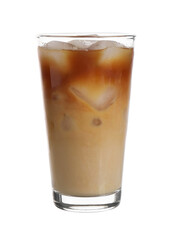 Tasty iced latte in glass isolated on white