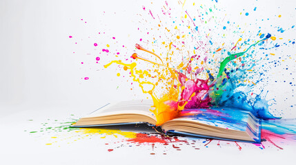 A levitating open book with colorful spots on a white background, celebrating World Book Day. Graphics highlighting the joy of reading and the importance of literature.