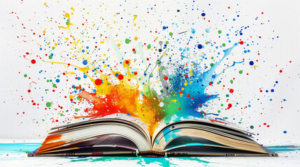 A levitating open book with colorful spots on a white background, celebrating World Book Day. Graphics highlighting the joy of reading and the importance of literature.