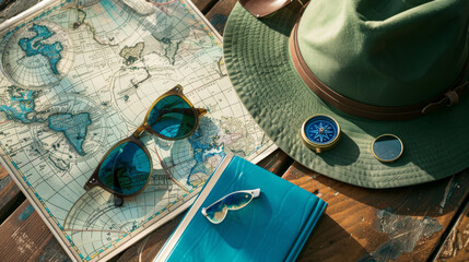 Travel essentials including a hat, map, sunglasses, and a compass laid out on a wooden table, symbolizing the preparation and excitement before an adventure.