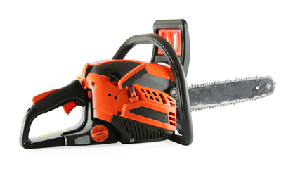 One electric chainsaw isolated on white. Wood cutting tool