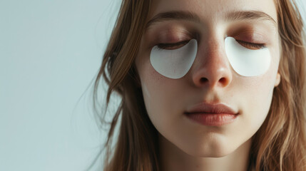 Close-up of a woman's face with her eyes closed, wearing under-eye patches, giving a peaceful and rejuvenating vibe.