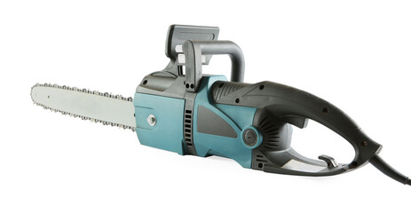 One electric chainsaw isolated on white. Wood cutting tool
