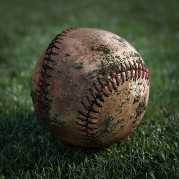 old used baseball on grass after being hit