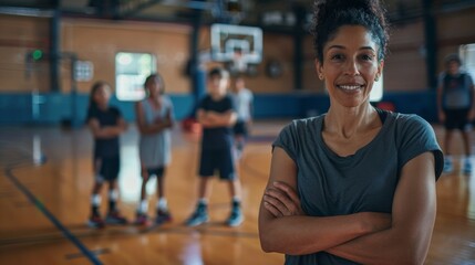 Confident Basketball Coach in Gym with Youth Team - Generative AI