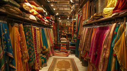 Shopping in a traditional clothes shop in India. Gorgeous saris, kurtas and other beautiful attires that reflect the richness of culture and local crafts.