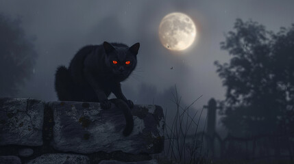 A black cat with piercing red eyes sits on a stone wall under a bright full moon, enveloped in dark mist, creating a menacing and spooky scene.