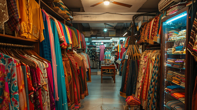Shopping in a traditional clothes shop in India. Gorgeous saris, kurtas and other beautiful attires that reflect the richness of culture and local crafts.