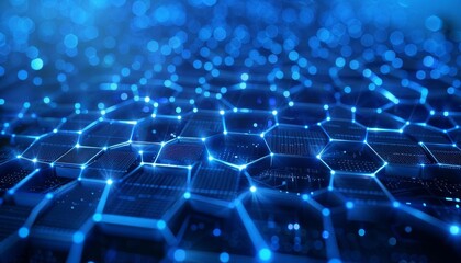 Obraz premium A digital technology background featuring connected hexagons on a dark blue background
