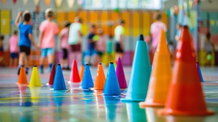 Vibrant Gymnasium with Colorful Cones and Children Playing - Generative AI