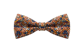 A colorful bow tie with a pattern of dots and squares. The bow tie is tied in a knot and is sitting on a white background