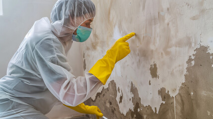 Woman in protective suit pointing to a moldy wall for thorough inspection and cleaning. Meticulous actions to remove the mold problem and improve air quality.