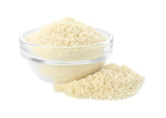Fresh almond flour and bowl isolated on white