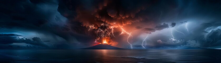 Volcanic eruption with lightning strikes over a dark ocean.