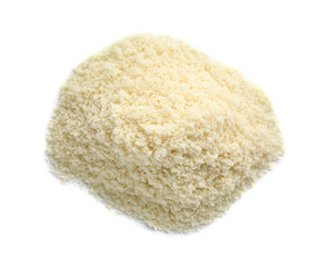 Pile of fresh almond flour isolated on white, top view