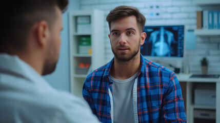 Obraz premium Young man talking to doctor during medical consultation in modern clinic office