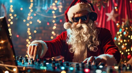 festive christmas party with santa dj mixing holiday beats energetic celebration