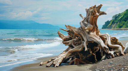 Fototapeta premium A large, weathered driftwood sculpture rests on a calm beach, partially submerged in soft sand, with waves gently lapping at its roots.