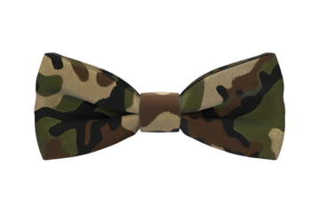 A green and brown tie with a camo pattern. The tie is made of a soft material and has a brown band