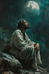 Obraz premium Jesus Praying in Garden Twilight., Modern Depictions of Jesus, Inspirational Imagery, Contemporary Religious Art, Jesus in Today's World, Uplifting Messages, Spiritual Guidance, Faith and Hope, Jesus 