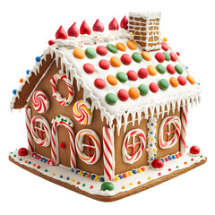 A gingerbread house decorated with candy canes, gumdrops, and frosting.