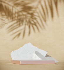 Tropical palm leaves shadows on rough wall. Sunny hot summer day. Showcase, empty space for ad text. Promotion premium organic eco product -3D render illustration. Meditation spa Biege background