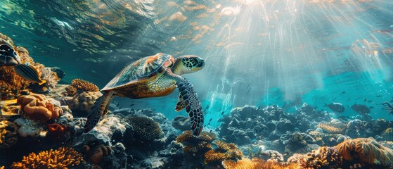 Fototapeta premium A beautiful underwater shot of a sea turtle swimming near a coral reef, with sunlight filtering through the water