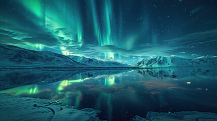 Northern lights over a silent lake, mesmerizing, reflective water, natural spectacle, photorealistic,