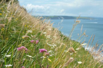 Obraz premium Coastal Flora: Vibrant Wildflowers and Sea Grasses Along Ocean Path - Nature Photography for Print