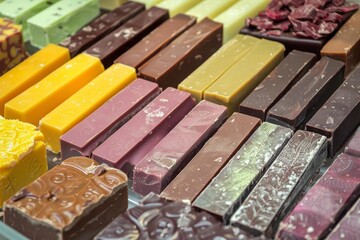 A display of assorted chocolate bars in various shades and flavors,