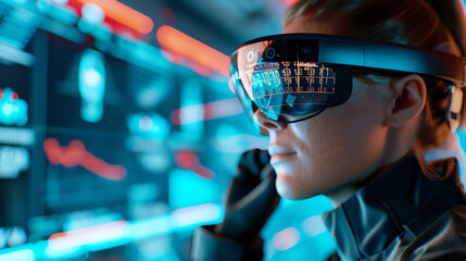 Person wearing augmented reality headset analyzing data on futuristic transparent digital screens with neon lighting in the background.