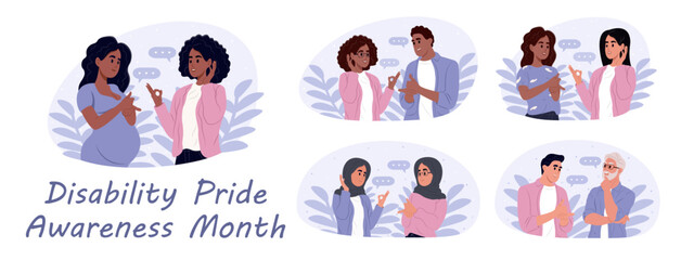 Disability Pride Month observed every year in July. People using sign language to communicate. Template for background, banner, card, poster with text inscription.