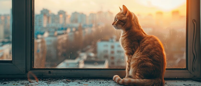 A cat sitting on a windowsill with a city view