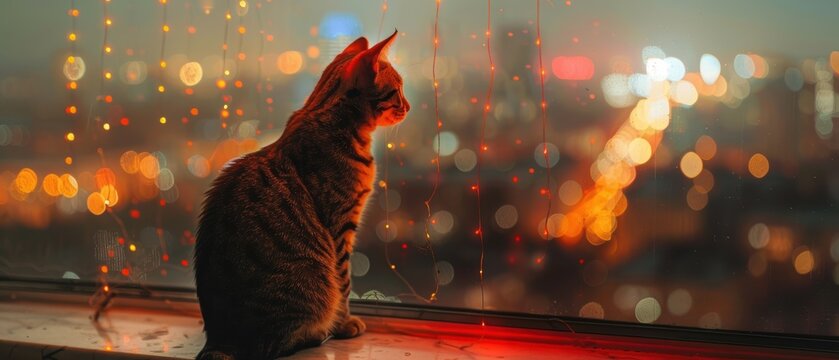 A cat sitting on a windowsill with a city view