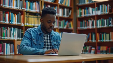 focused young male student studying in library using laptop for online learning education concept
