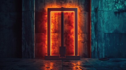 Glowing neon frame in dark industrial scene