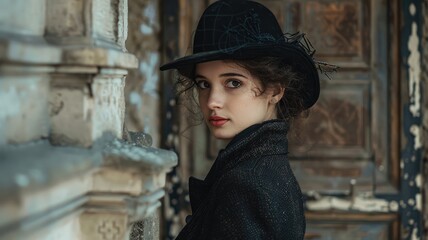 Young woman with curly hair in vintage clothing near aged architecture