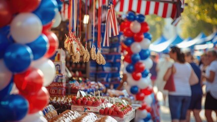 Obraz premium Festive market celebrating with colorful balloons, decorations, and various snacks under sunny sky