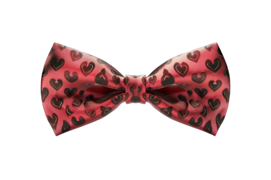 A red bow tie with black hearts on it. The bow tie is made of shiny material and has a shiny red color - Powered by Adobe
