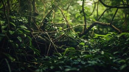 Dense, lush green foliage with twisting vines in jungle-like environment