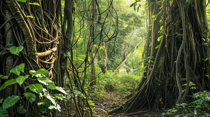 Dense jungle with thick vines and lush greenery, illuminated by sunlight filtering through canopy