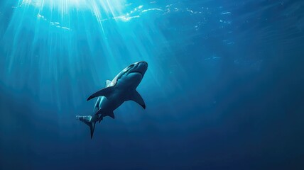 Fototapeta premium Shark swimming in deep blue ocean under sunlight