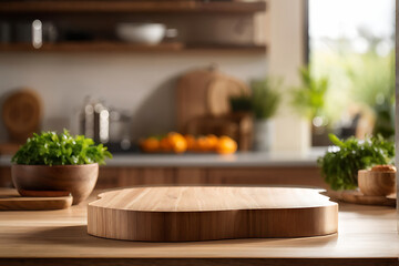  Kitchen podium background food product stand table pedestal display wooden platform. Empty podium counter wood background kitchen board desk restaurant top white light marble presentation interior. 