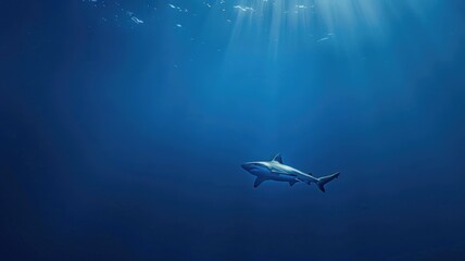 Obraz premium Shark swims in deep blue ocean under sunlight rays