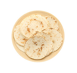 Many tasty homemade tortillas isolated on white, top view
