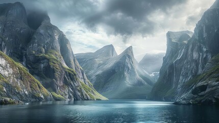 Fototapeta premium A fjord, with steep cliffs plunging into the sea, surrounded by towering mountains under a moody sky.