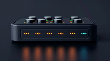 Futuristic Smart Home Hub with LED Indicators for Device Control Front View of Black Design with Multiple Ports and Connections