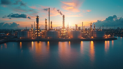 Obraz premium oil and gas power plant refinery with storage tanks facility for oil production or petrochemical factory infrastructure